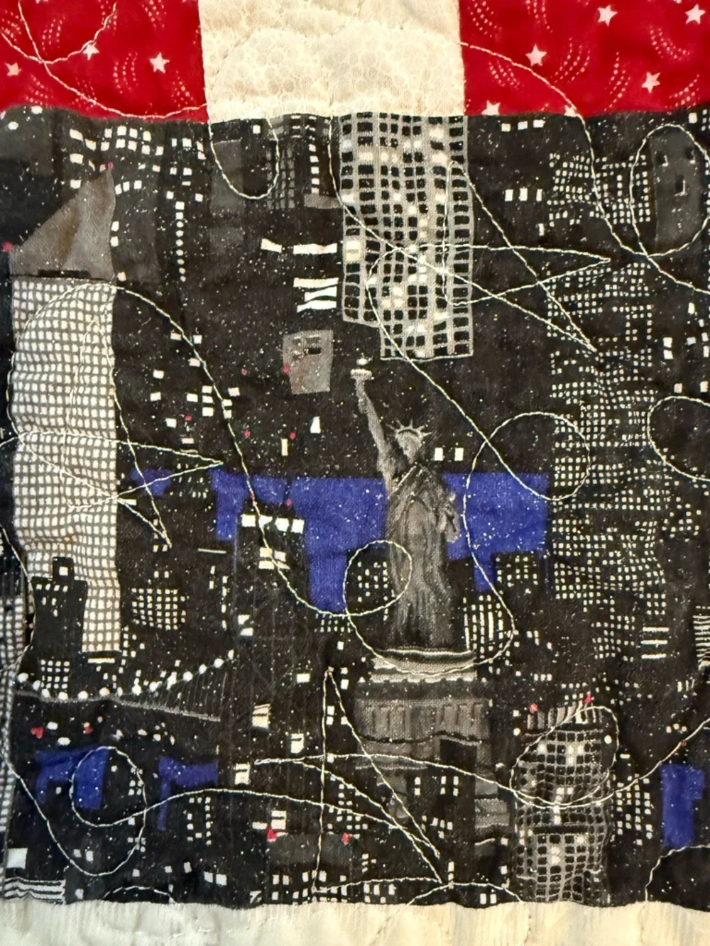 Handmade Patriotic Theme Mini Lap Cotton Quilt with New York City Scape Panels